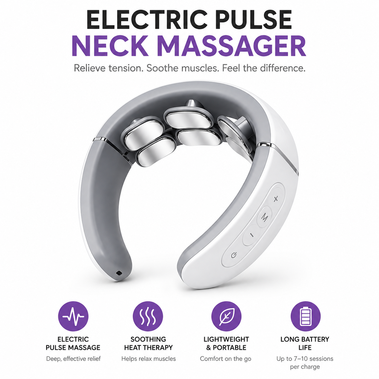 An electric pulse neck massager shown on a white background with promotional text and feature icons. The device is white and gray with silver metallic massage nodes.