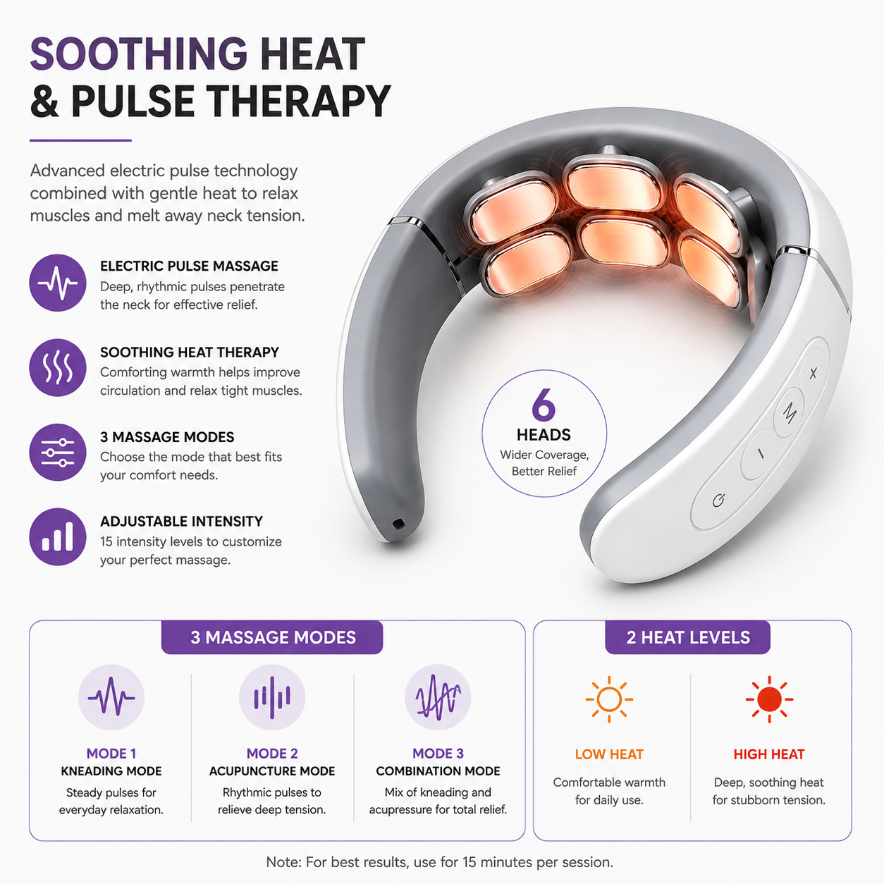An electric neck massage device with glowing orange heating elements, shown on a white infographic background with text describing soothing heat & pulse therapy, three massage modes, and two heat levels.