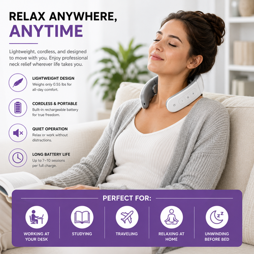 A woman reclining on a couch wearing a white neck and shoulder support pillow, with promotional text and icons highlighting features like lightweight design, cordless portability, quiet operation, and long battery life.